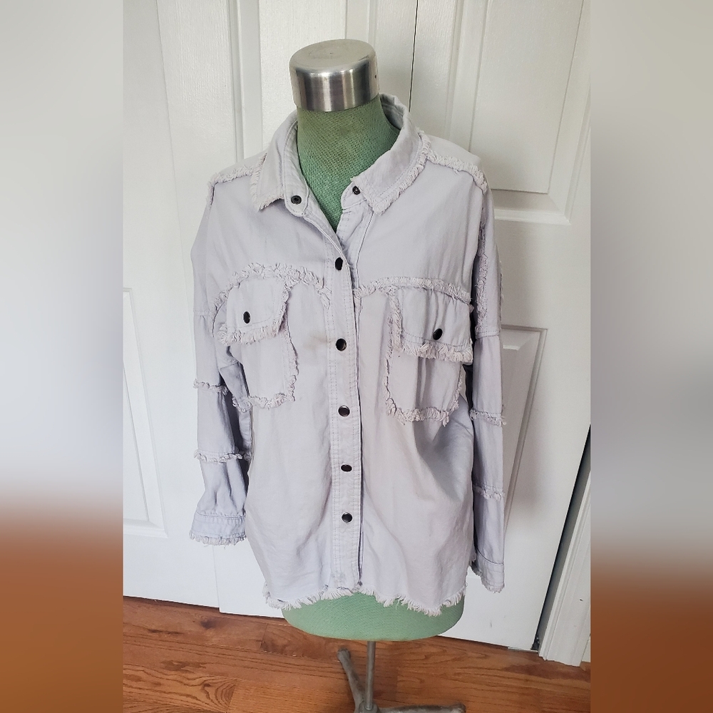 Elan Light Gray Frayed Utility Jacket